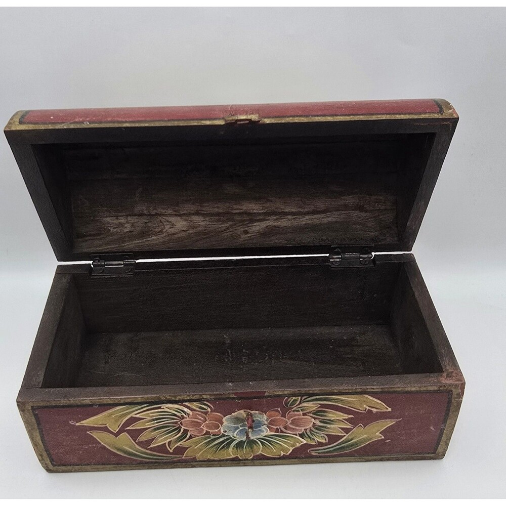 Vintage Hand Painted Wooden Floral Trinket Box 10" Long \ Cottage - Picture 11 of 13